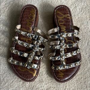 Sam Edelman Pearl-Embellished Brown Sandals